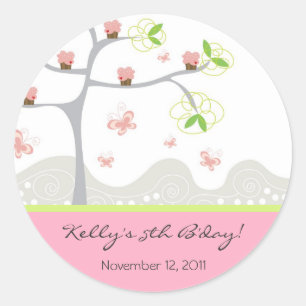 Sticker Rond Cupcakes Whimsical Tree Butterflies Sweet Birthday