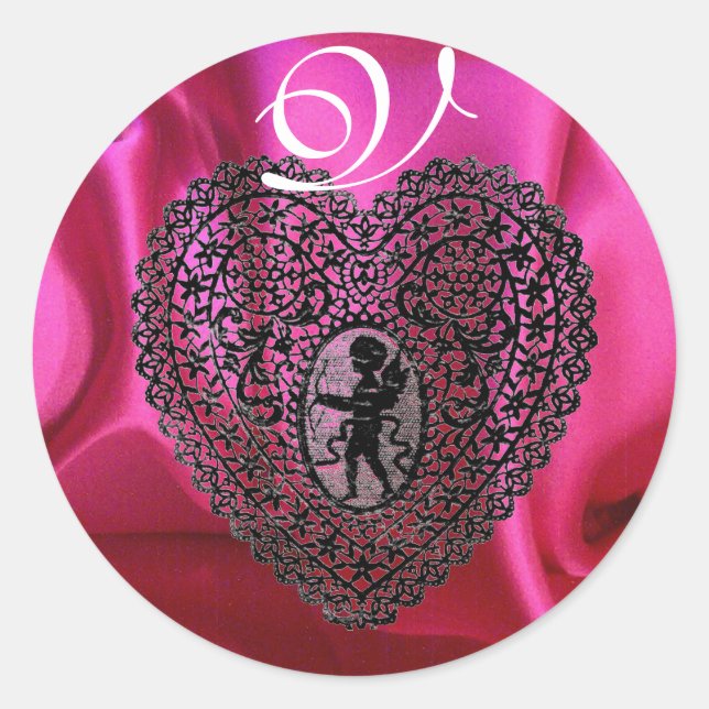 Sticker Rond CUPID LACE COEUR SILK FUCHSIA VÊTEMENT, Rose Noir (Devant)