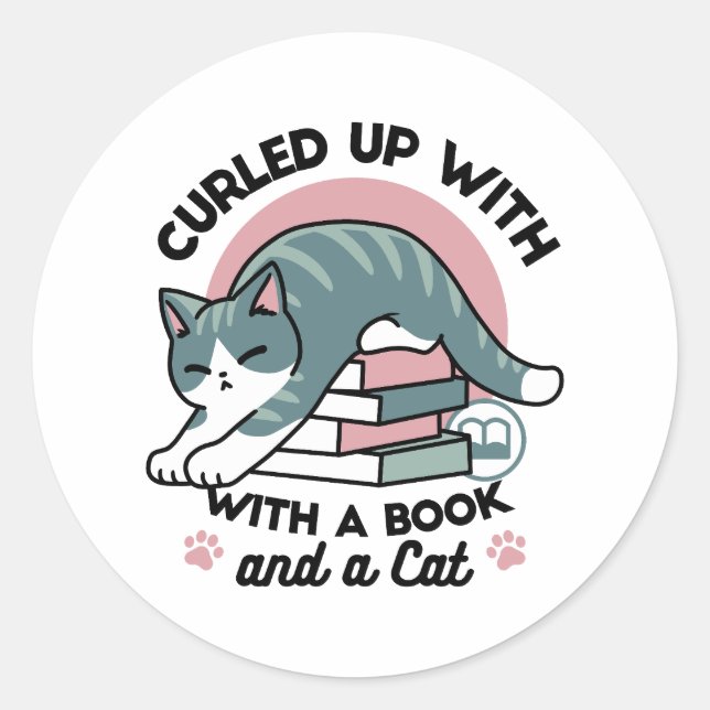 Sticker Rond Curieux avec un livre et un chat - Lecture confort (Devant)