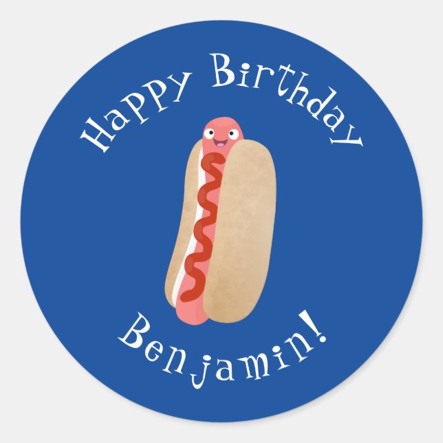 Sticker Rond Curieux hot dog Weiner dessin animé (Devant)