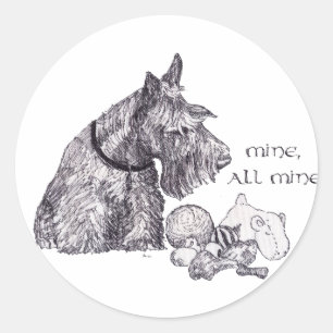 Sticker Rond Curieux Scottish Terrier Mine, tous les miens