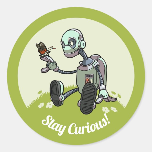 Sticker Rond Curious Robot Voit Son Premier Papillon Cartoon (Devant)