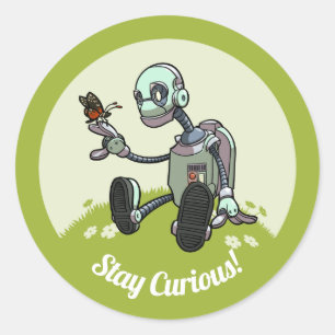 Sticker Rond Curious Robot Voit Son Premier Papillon Cartoon