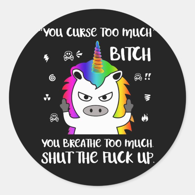 Sticker Rond Cussing Angry Cursing Unicorn Funny (Devant)