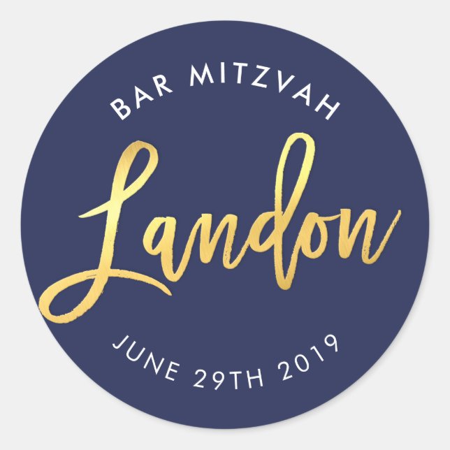 Sticker Rond CUSTOM Bar Mitzvah marine bleu + or LANDON (Devant)