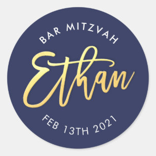 Sticker Rond CUSTOM Bar Mitzvah pour Ethan marine + or