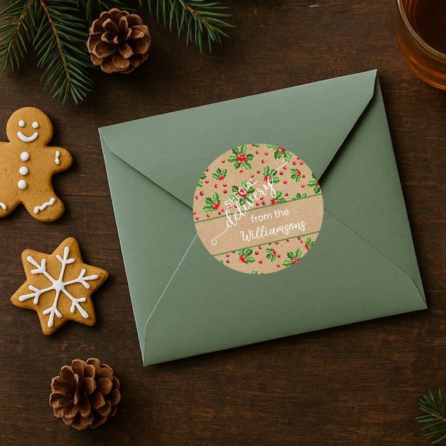 Sticker Rond Custom Classic Holiday Green Holly Red Berries (Créateur téléchargé)