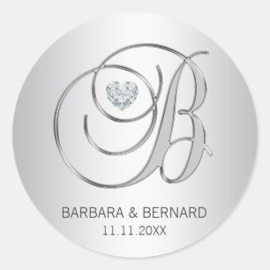 Sticker Rond Custom Elegant Silver Monogrammed Letter B Wedding