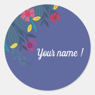 Sticker Rond Custom floral elegant blue simple name