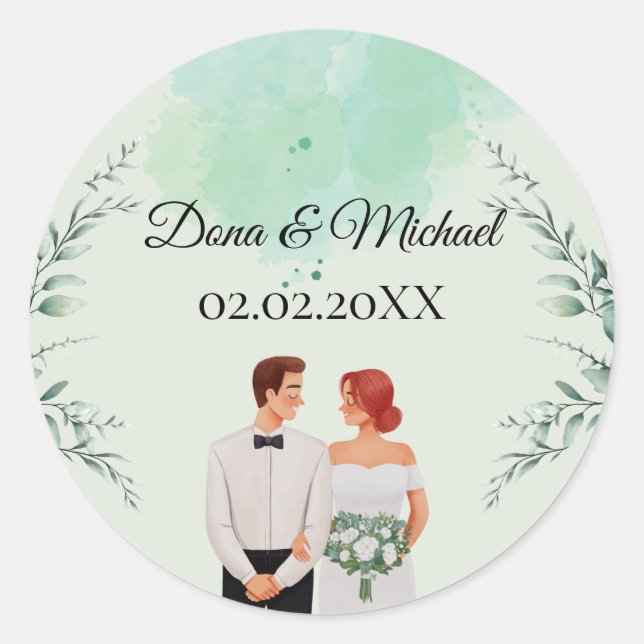 Sticker Rond Custom green watercolor flowy wedding (Devant)