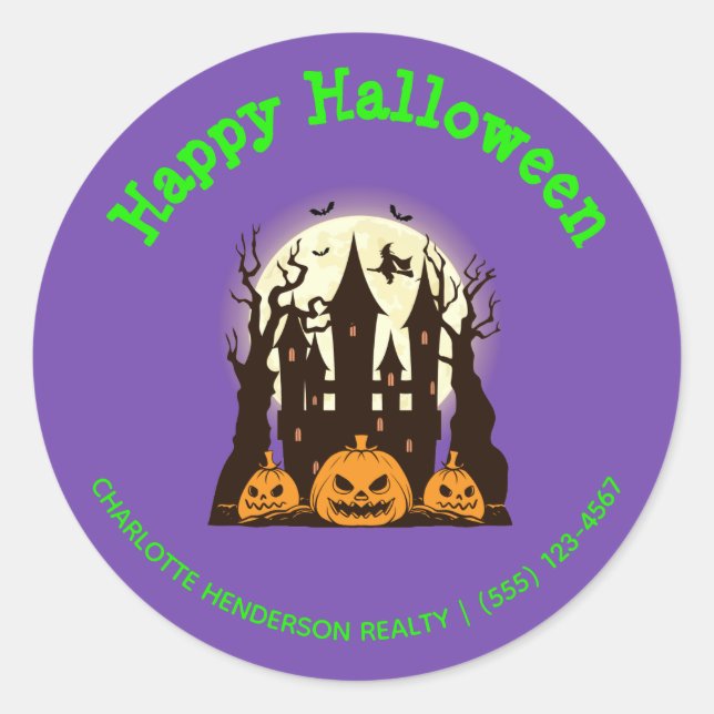 Sticker Rond Custom Happy Halloween Maison hantée (Devant)