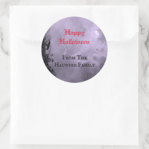 Sticker Rond Custom Happy Halloween Pleine lune et corbeau viol