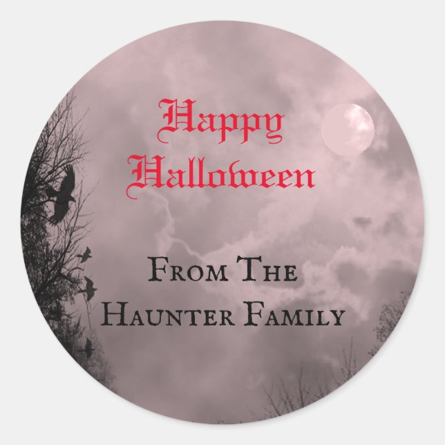 Sticker Rond Custom Happy Halloween Pleine lune rouge et Ravens (Devant)
