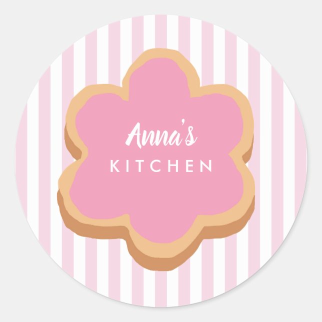 Sticker Rond Custom Name Cookie Pink Stripe Kitchen (Devant)