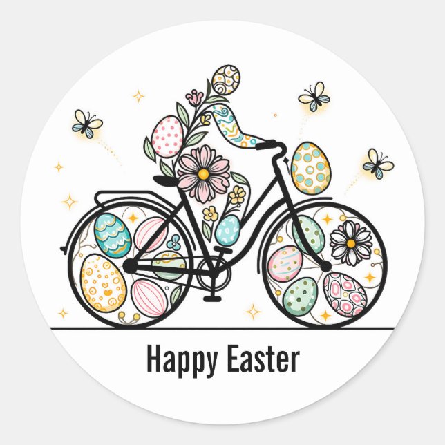 Sticker Rond Custom Name Easter Bicycle Design (Devant)