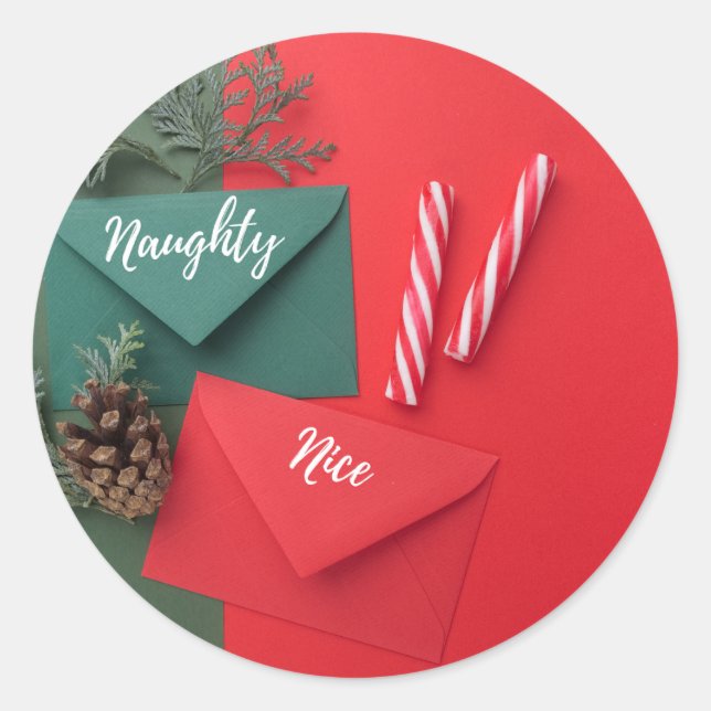 Sticker Rond Custom Naughty or Nice Candy Canes Christmas  (Devant)