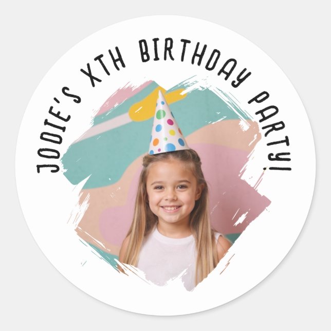 Sticker Rond Custom Pic Name Artsy Brushstroke Birthday Any Age (Devant)