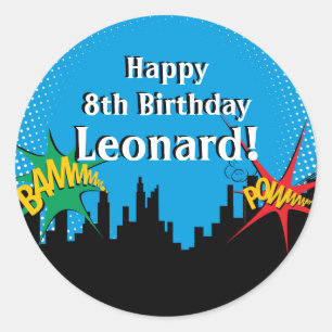 Sticker Rond Custom Superhero Comic Boy's Birthday Party