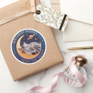 Sticker Rond Cute 3D Sleeping Cat on Moon Birthday Wishes Round