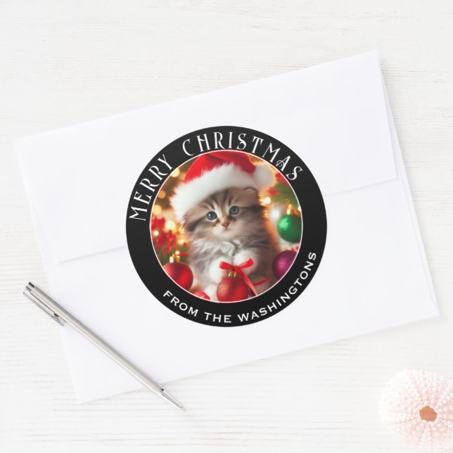 Sticker Rond Cute & adorable Kitten Noël personnalisé (Enveloppe)