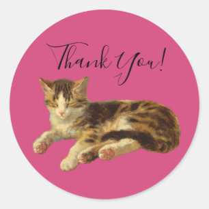 Sticker Rond Cute adorable Kitty Chat Merci Magenta Script