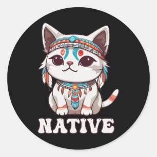Sticker Rond Cute amérindienne Kawaii Chat Femme Fille