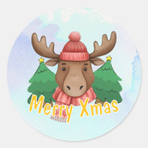 Cute Animal Moose Blue Watercolor Merry Xmas