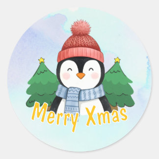 Sticker Rond Cute Animal Penguin Blue Watercolor Merry Xmas