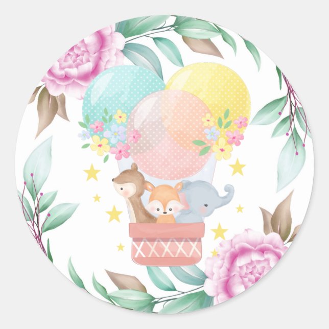 Sticker Rond Cute Animaux et Peony Baby shower Classic (Devant)