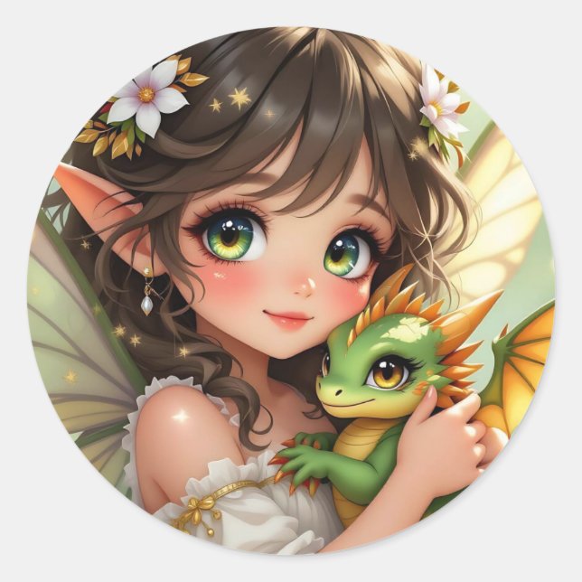 Sticker Rond Cute Anime Fairy and Chibi Dragon  (Devant)
