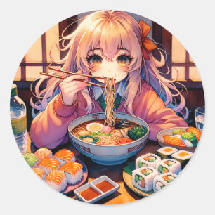 Sticker Rond Cute Anime Girl Manger Ramen et Sushi