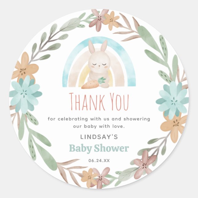 Sticker Rond Cute aquarelle Bunny Baby shower Merci (Devant)
