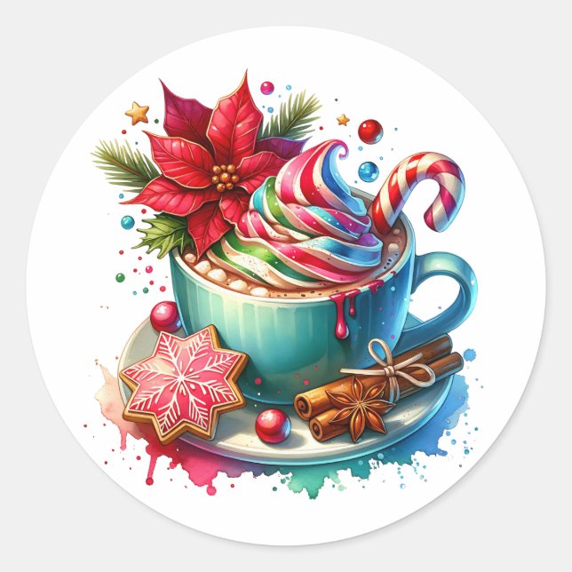 Sticker Rond Cute aquarelle cacao chaud, Sucres de canne Noël (Devant)