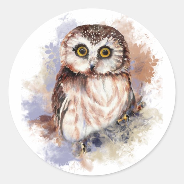 Sticker Rond Cute Aquarelle Chouette Oiseau Art de la nature (Devant)