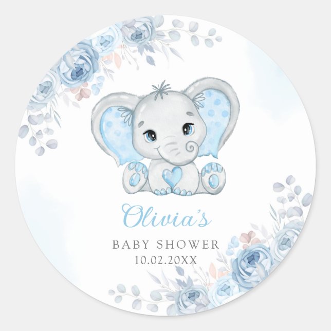 Sticker Rond Cute Aquarelle Elephant Baby shower garçon Favoris (Devant)