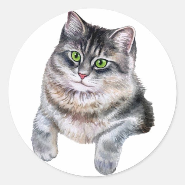 Sticker Rond Cute Aquarelle Gris Tabby Chat (Devant)