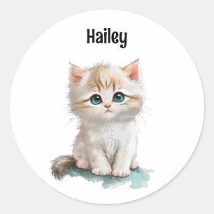 Sticker Rond Cute Aquarelle Kitten avec yeux bleus