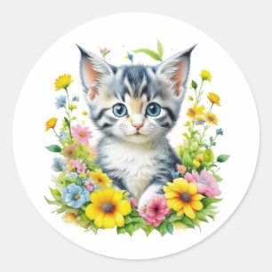 Sticker Rond Cute Aquarelle Kitten en Fleurs
