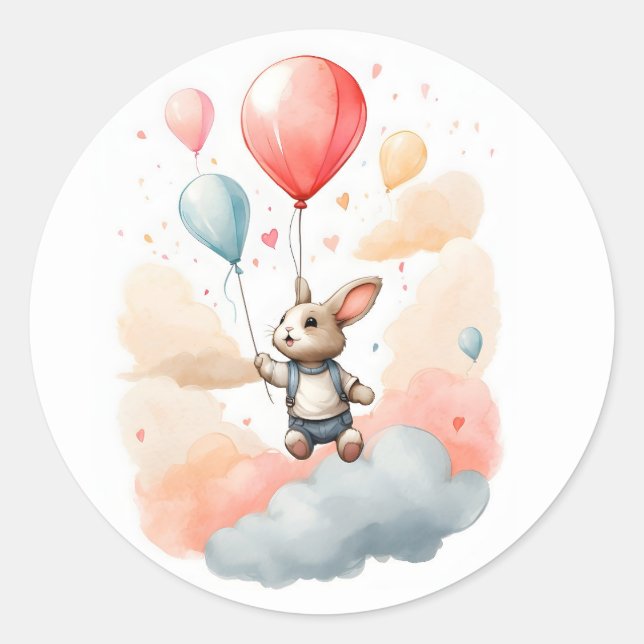 Sticker Rond Cute Aquarelle Lapin Lapin Gros Ballons (Devant)