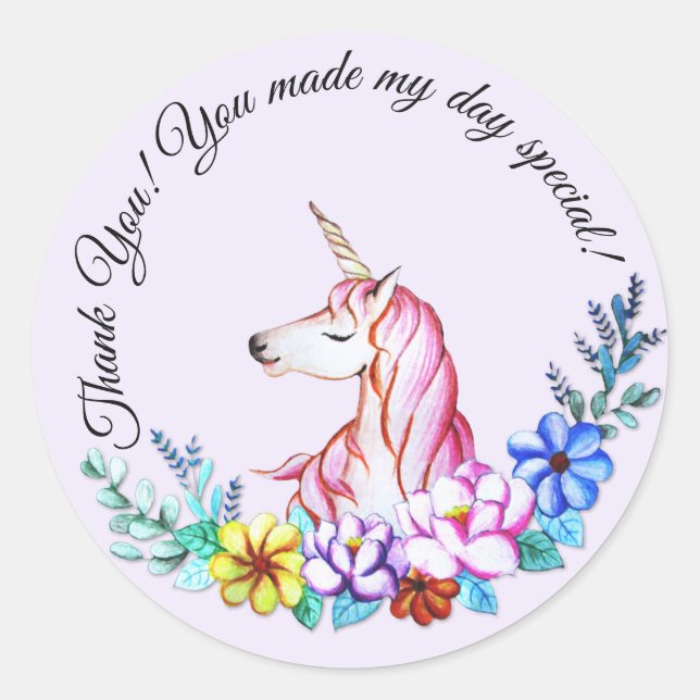 Sticker Rond Cute aquarelle licorne avec fleurs (Devant)