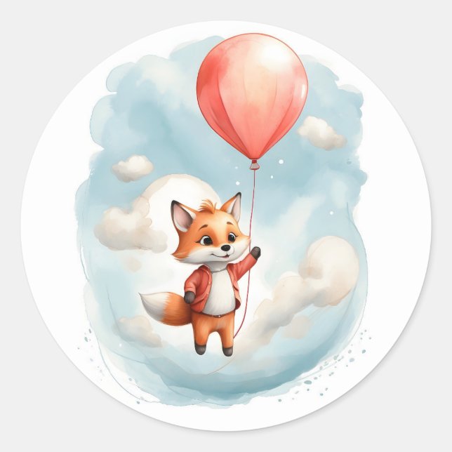 Sticker Rond Cute Aquarelle Petit Fox Grand Balloon rouge (Devant)