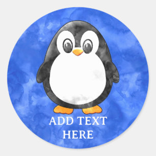 Sticker Rond Cute Aquarelle Pingouin bleu