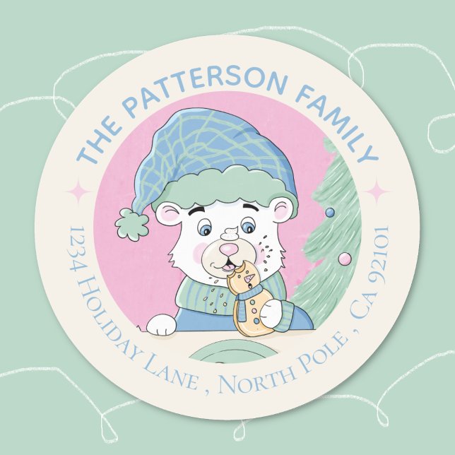 Sticker Rond Cute Aquarelle Polaire Ours Cube Noël (Cute whimsical watercolor polar bear Christmas envelope seal .)
