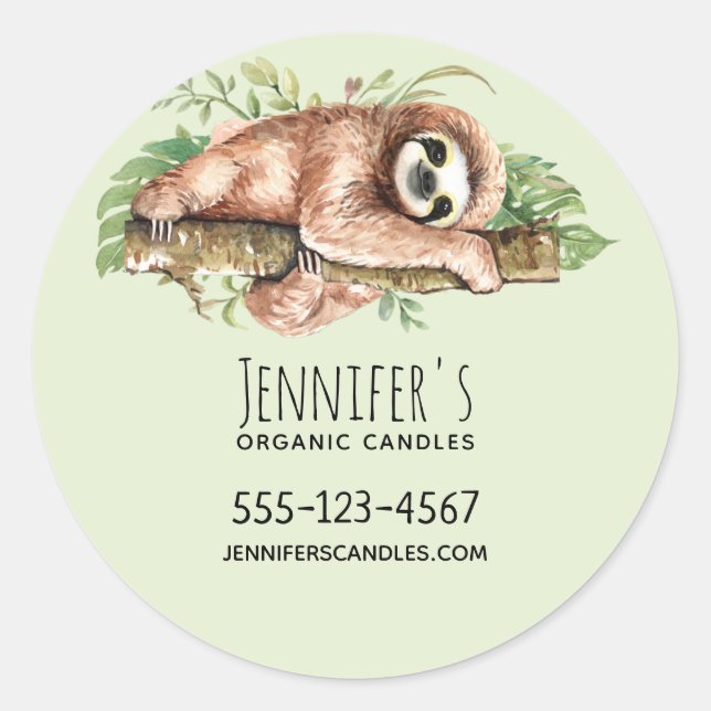 Sticker Rond Cute Aquarelle Sloth & Tropical Feuille Business (Devant)