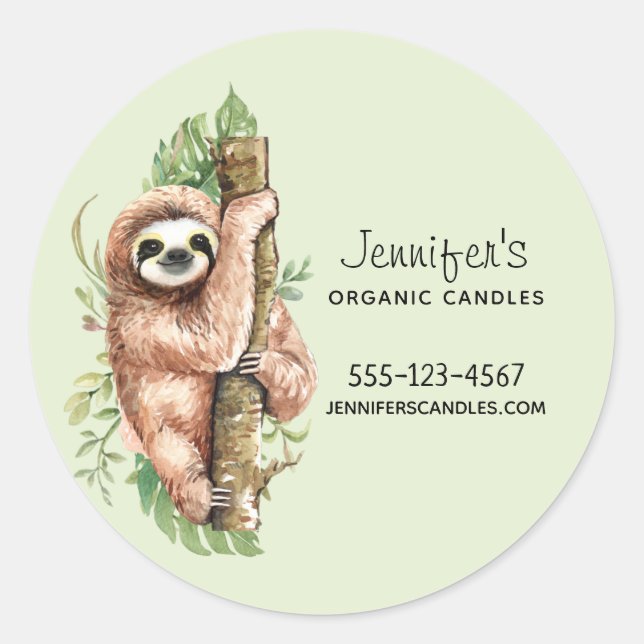Sticker Rond Cute Aquarelle Sloth & Tropical Feuille Business (Devant)