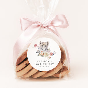 Sticker Rond Cute aquarelle Snow Leopard fête d'anniversaire