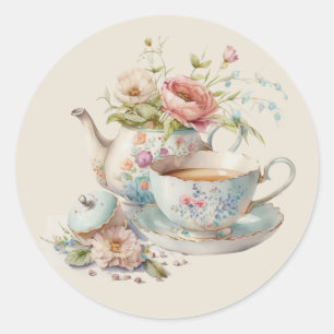 Sticker Rond Cute Aquarelle Teapot avec Bouquet Floral Classic
