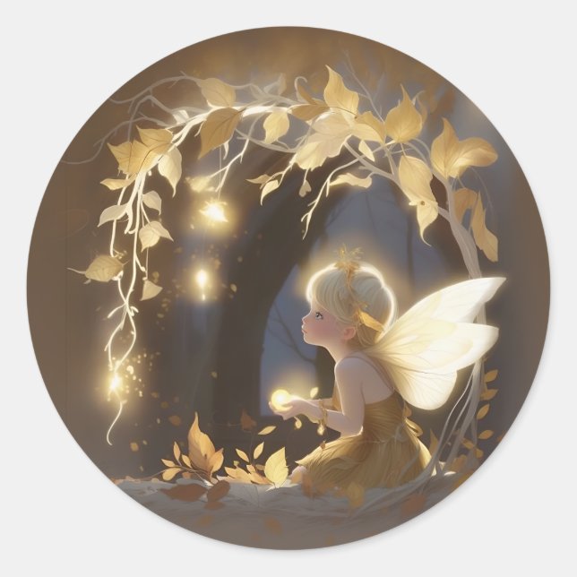 Sticker Rond Cute Autumn Fairy with Glowing Flowers (Devant)