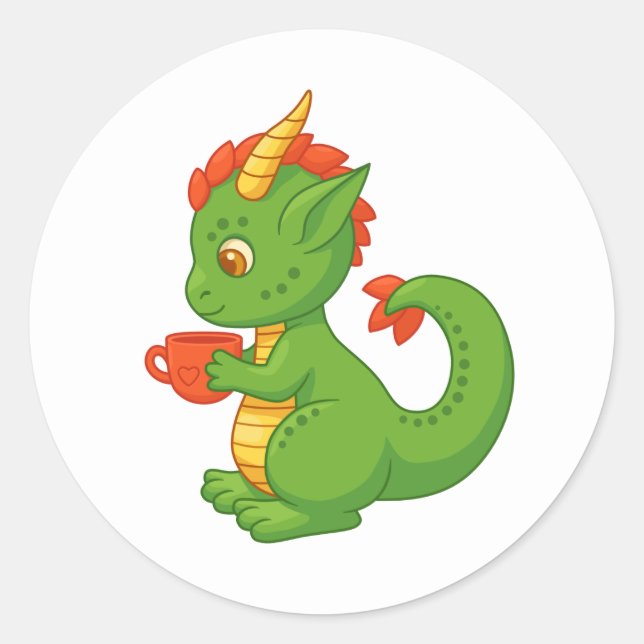 Sticker Rond Cute Baby Dragon Holding Cup (Devant)