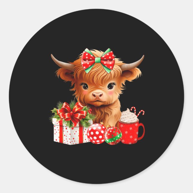 Sticker Rond Cute Baby Highland Cow Merry Christmas Farmer Cow  (Devant)